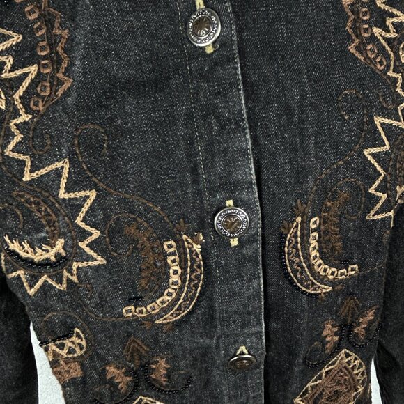 Chico's Black Denim Jacket XS 0 Embroidered Beaded Cropped Boho Western Vintage - Picture 7 of 16